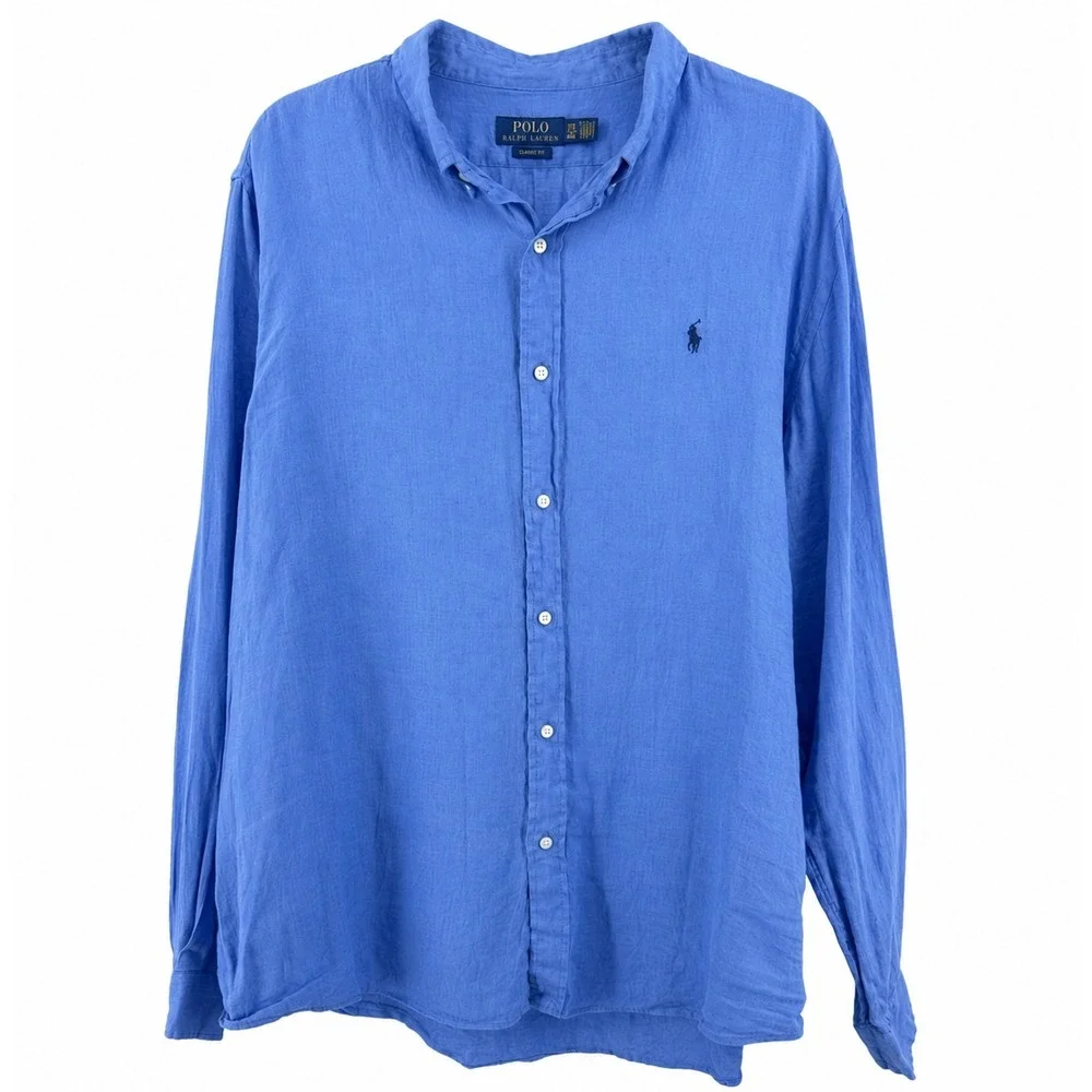 Polo Ralph Lauren Linen Shirt Men 2XL Blue Long Sleeve Classic Fit Pony Summer